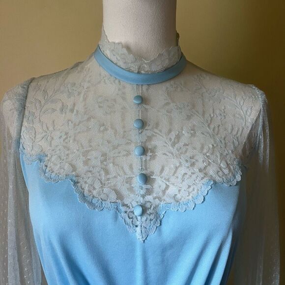 Vintage 70s Blue Lace Long Sleeve Nightgown Hostess Dress Victorian Small - Picture 3 of 12